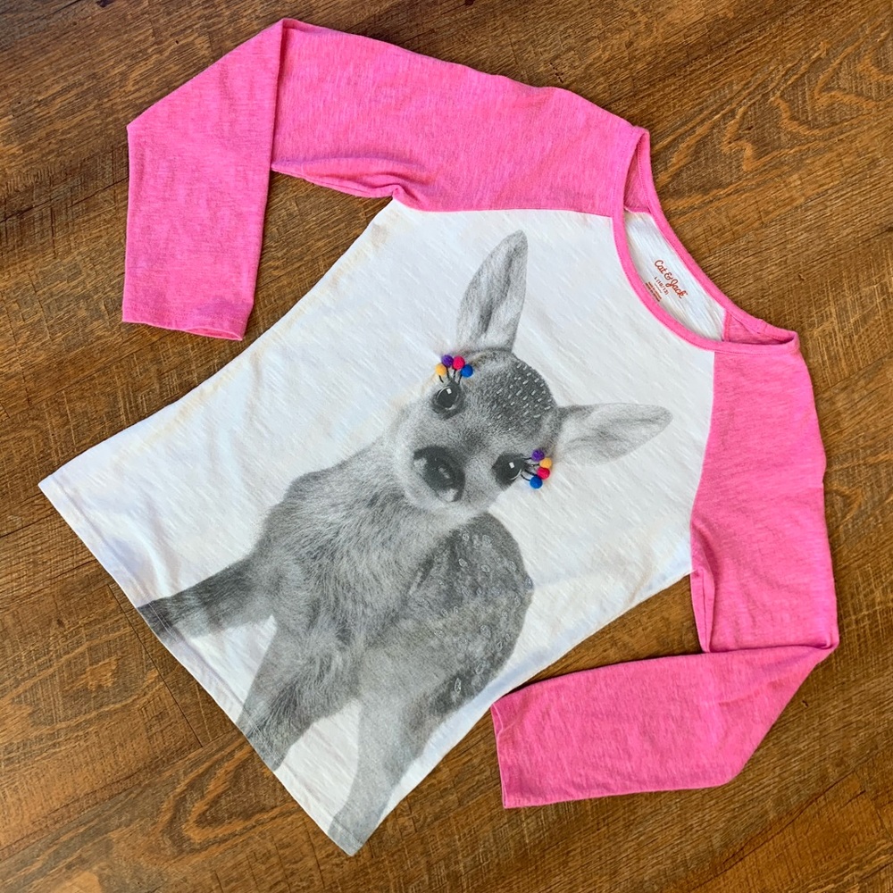 Cat & Jack Fawn With Pompoms Pink & White Girls 10/12 Long Sleeve Raglan Tee - Picture 5 of 8